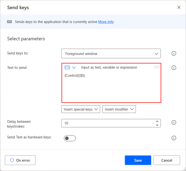 Screenshot of the Text to send field in the Send keys action.