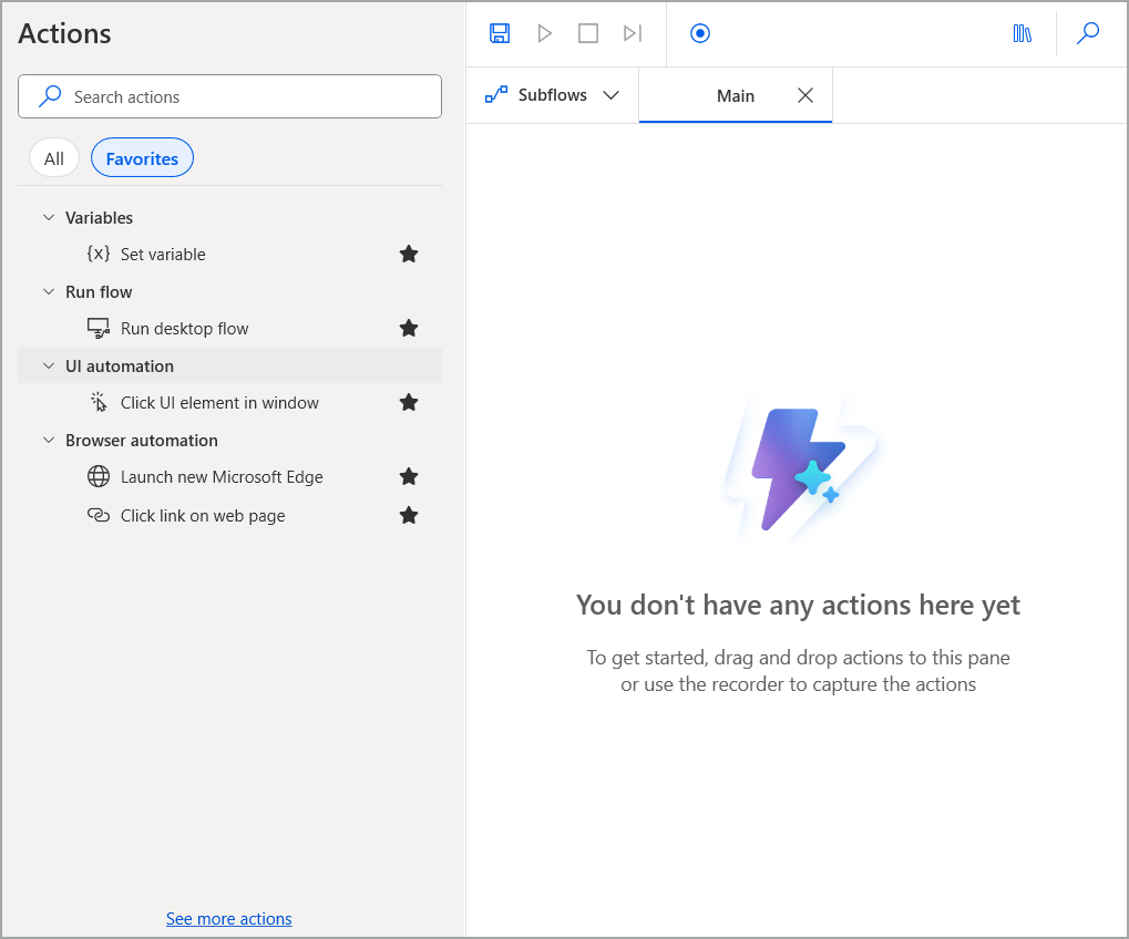 Screenshot of actions marked as favorite in the actions pane.