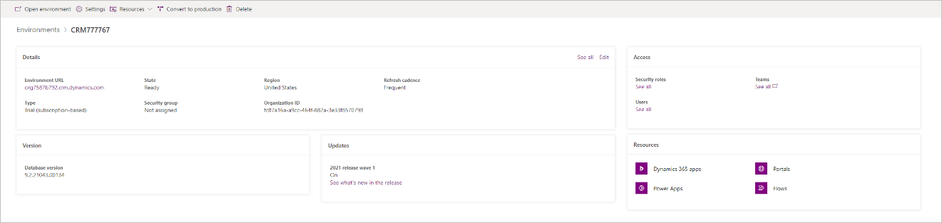 Screenshot of the Dynamics 365 apps option in the Power Platform admin center.