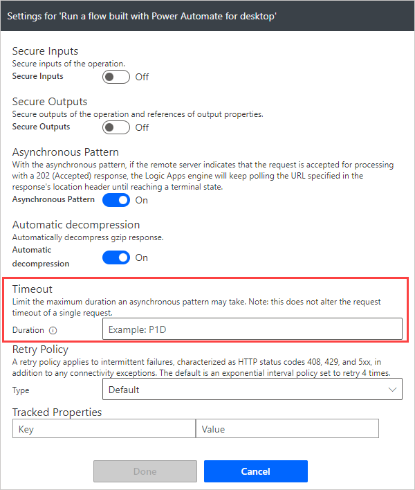 Screenshot of the settings option of the desktop flow cloud action.