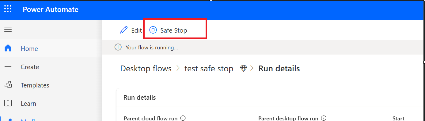 Screenshot of button to safe stop a desktop flow execution through the Power Automate portal.