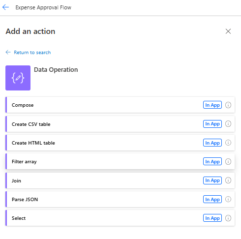 Screenshot of data operations available when building a flow in Power Automate.