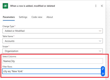 Screenshot of a Dataverse trigger in a Power Automate flow, with Name and City columns selected and an OData filter applied to rows in the City column.