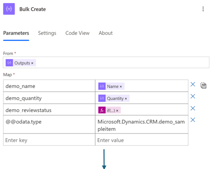 Screenshot of a flow in the Power Automate designer showing the use of a Select action to prepare the content for the bulk request.