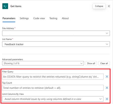 Screenshot of a SharePoint action in a cloud flow, with the Filter Query, Top Count, and Limit Columns By View options highlighted.