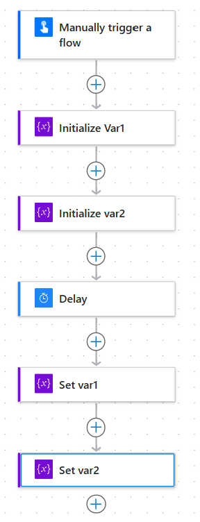 Screenshot showing actions to initialize and set two separate variables in a Power Automate flow.