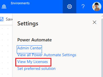 Screenshot of the View My Licenses option in Power Automate settings.