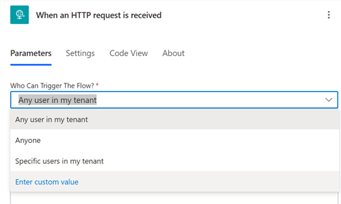 Screenshot of trigger settings in a Power Automate flow showing the selection of who can trigger the flow.