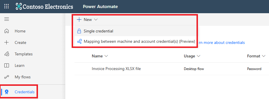 Screenshot of the Power Automate credentials setup screen.