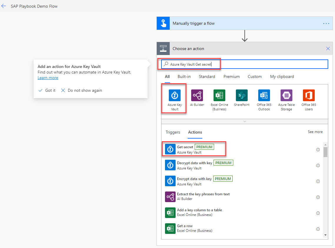 Screenshot of selecting the Azure Key Vault  Get secret action in Power Automate flow designer.