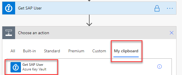 Screenshot of Choose an action segment of the flow with My Clipboard tab indicated.