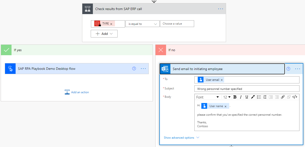 Screenshot of a configured Send email action under the No branch.