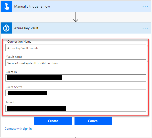 Screenshot of establishing a connection using the Azure Key Vault action in Power Automate flow designer after signing in.