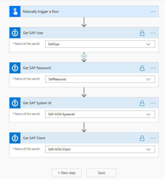 Screenshot of Get SAP User action with SAPUser secret Get SAP Password action with SAPPassword secret Get SAP System ID action with SAP HCM SystemId secret and Get SAP Client action with SAP HCM Client secret.