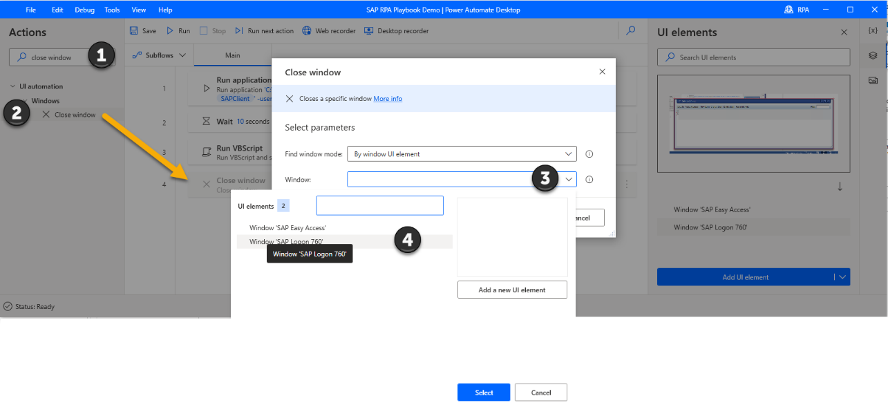 Screenshot of Power Automate Desktop Designer window with Close Window dialog open.