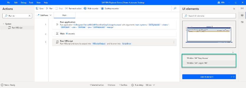 Screenshot of Power Automate Desktop designer window with SAP Easy Access and SAP Login 760 windows shown in the UI elements pane.