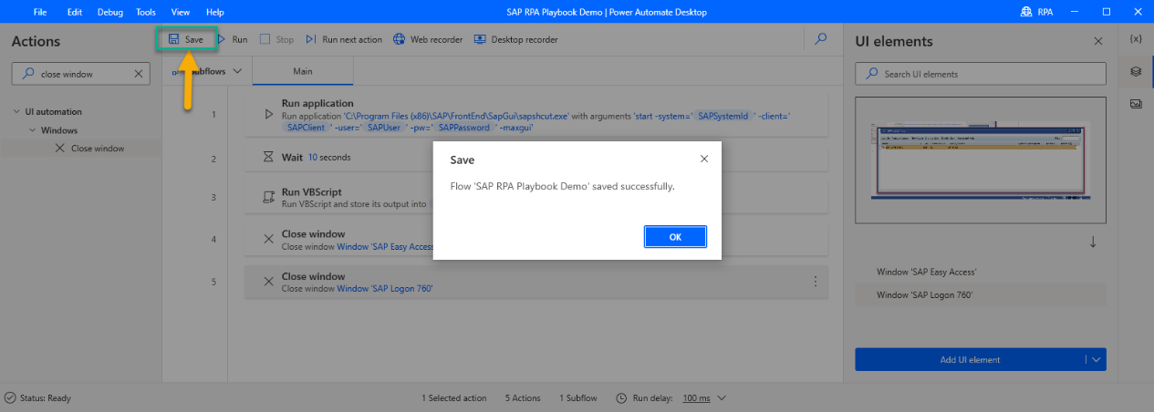 Screenshot of Power Automate Desktop Designer window with Save dialog open.