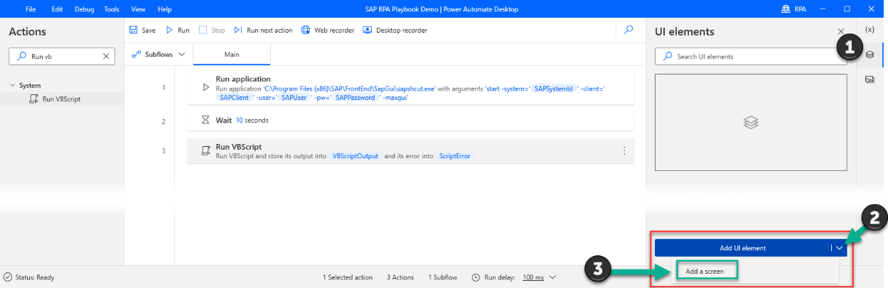 Screenshot of Power Automate Desktop designer window with Add a screen panel open.