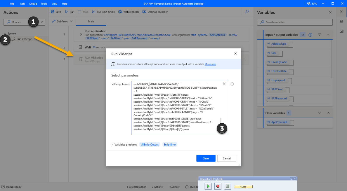 Screenshot of Power Automate Desktop designer window with the Run VBScript dialog open.