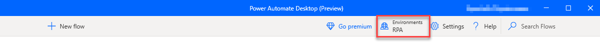 Screenshot of the Power Automate Desktop home screen, with the current environment indicated.