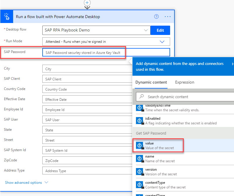Screenshot of the Run a Desktop Flow action with SAPSystemID  SAPClient  SAPUser  and SAPPassword all using values from Dynamic Content.