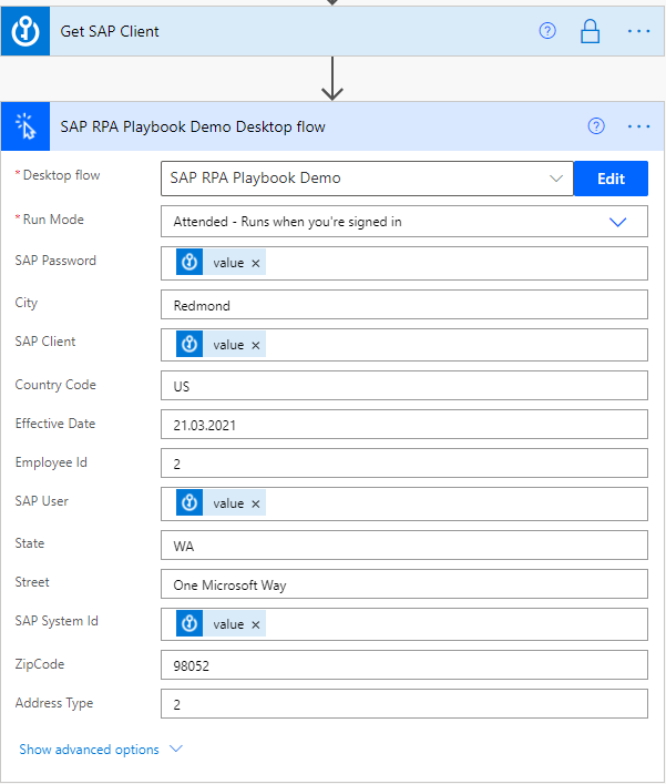 Screenshot of the Run a Desktop Flow action screen and selecting the Password value from the Get SAP Password field in the Dynamic Content pop up.