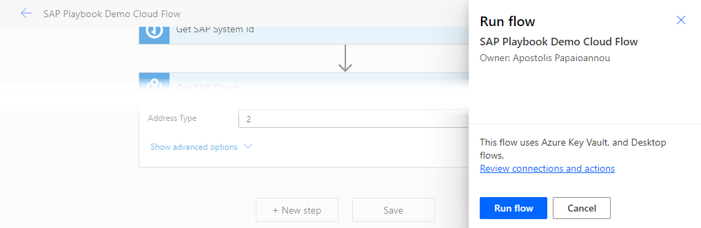 Screenshot of the Run flow dialog in Power Automate.