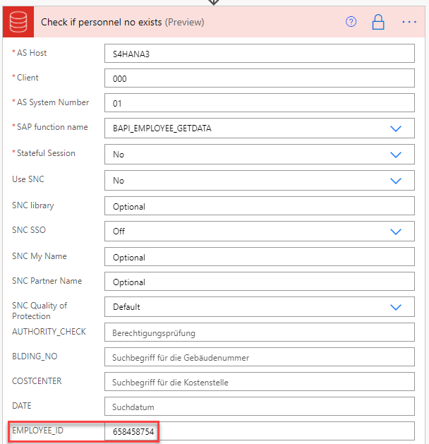 Screenshot of the SAP Call ERP function action where a nonexistent personnel number has been entered in the EMPLOYEE_ID field.