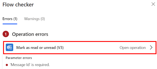 Screenshot of selecting error in the Flow checker panel in new designer.