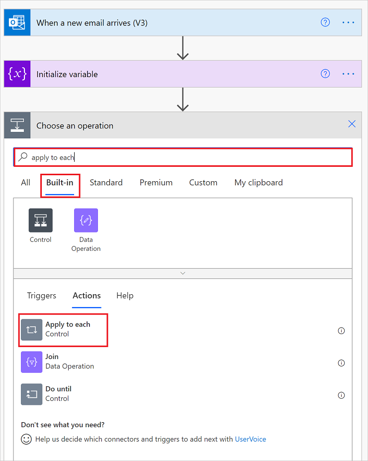 Screenshot of adding an Apply to each loop to cycle through the attachments.