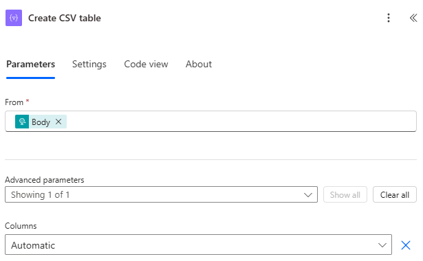 Screenshot of Configuring the Create CSV table action. 'From' is set to 'Body', and 'Columns' is set to 'Automatic'.
