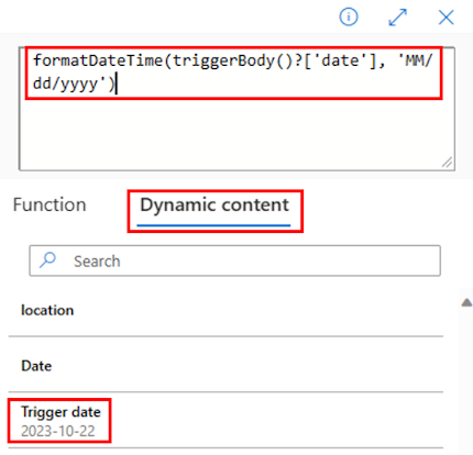 Screenshot of the formatDatTime function using dynamic content.
