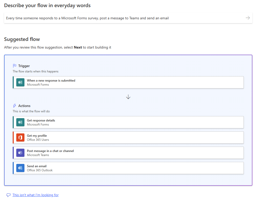 Screenshot that displays a suggested flow after providing a description of what to automate.