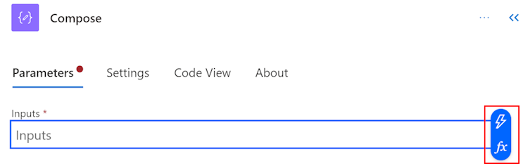 Screenshot of the Insert dynamic content and Insert expression buttons on the Parameters tab in the configuration pane.