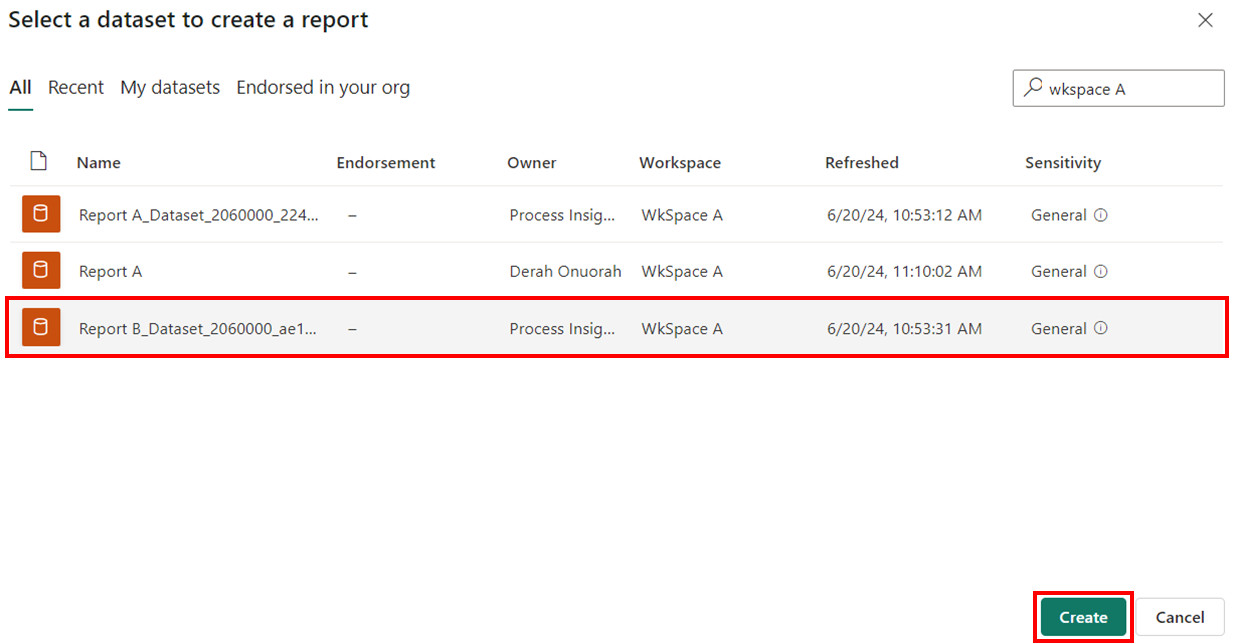 Shows selecting a dataset to create a report using the same workspace.