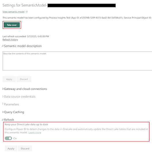 Screenshot of the 'Take over' button and Keep your Direct Lake data up to date option in the semantic model Settings screen.