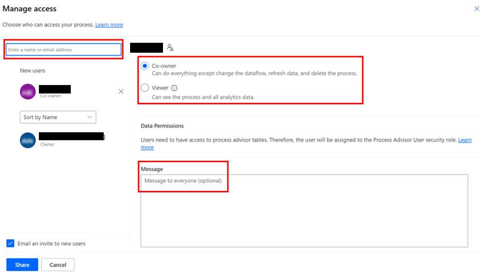 Screenshot of the Share panel, 'Manage access' screen.