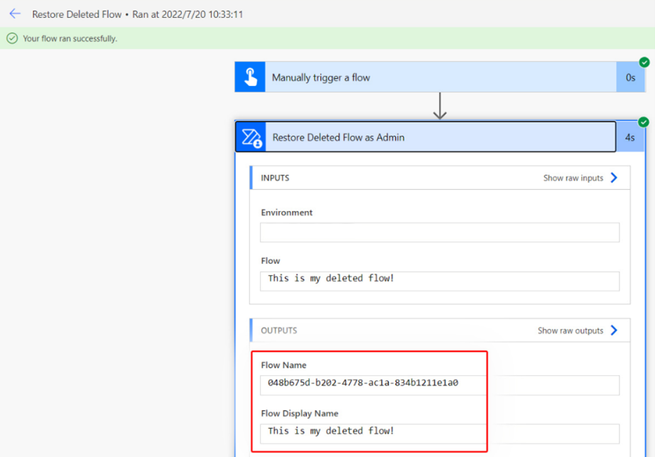 Screenshot of a successfully run flow.