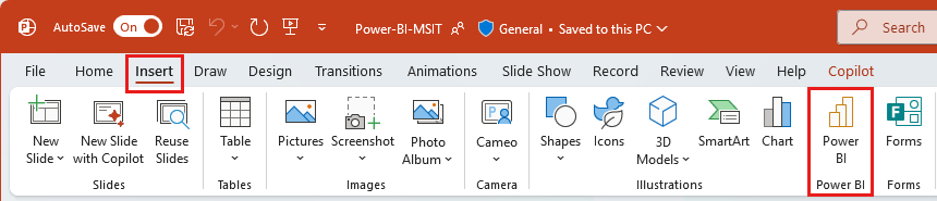 Screenshot of Power BI add-in for PowerPoint button on Insert ribbon.