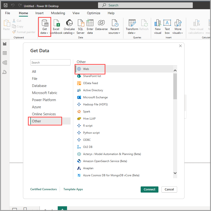 Screenshot of selecting web from data sources.