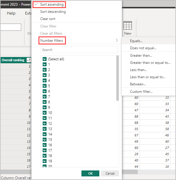 Screenshot shows sort and filter options in the Table view in Power BI Desktop.