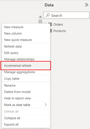 Table view showing Table context menu with Incremental refresh selected.