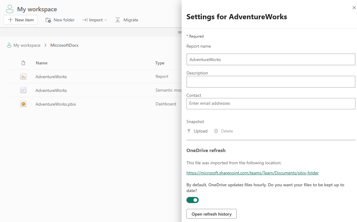 Screenshot of Live Connection Report Settings showing OneDrive refresh section.