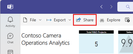 Screenshot of a Power B I report in a Teams meeting with the Share button highlighted.