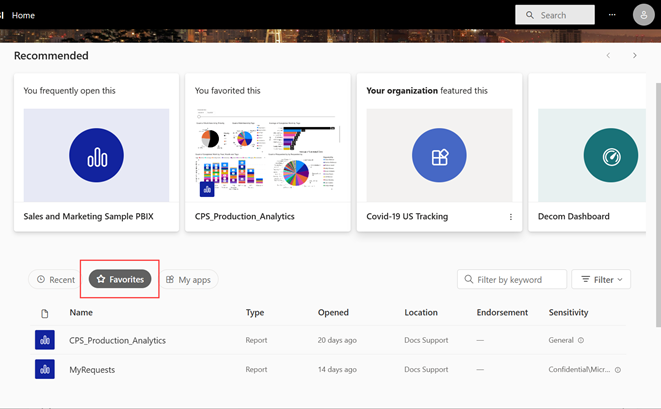 On the Home page, select the tab for Favorites.