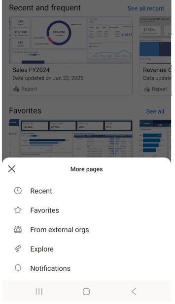 Screenshot of the Power BI mobile app navigation bar.