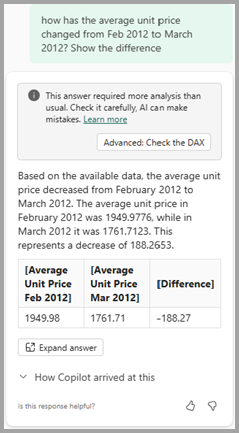 Screenshot of copilot answering a question by creating a DAX query.