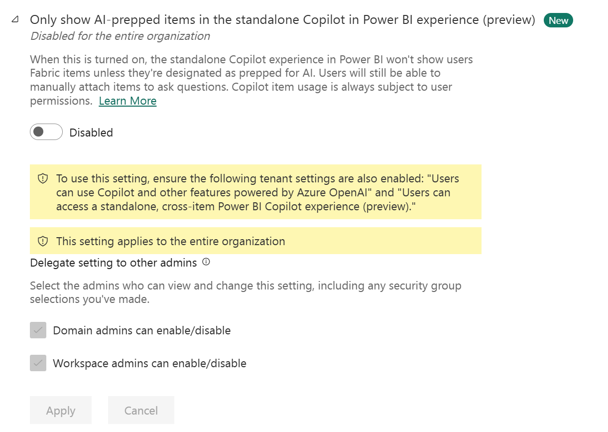 Screenshot of the tenant setting to limit the standalone Power BI Copilot to items prepped for AI.