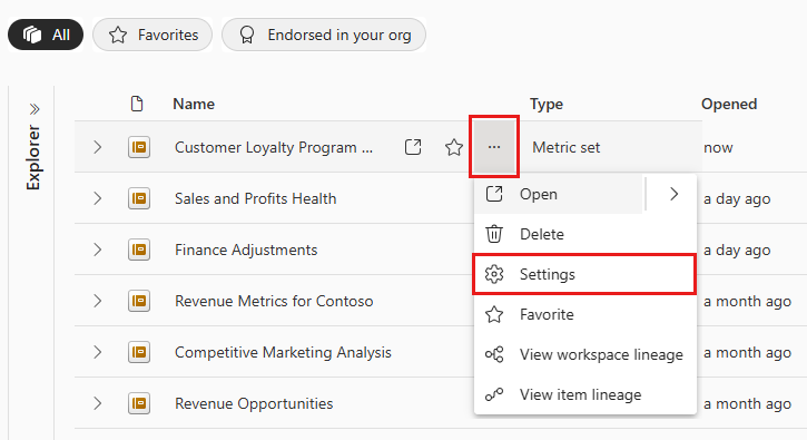 Screenshot showing menu command to access settings for a metric set listed in the Metrics hub.