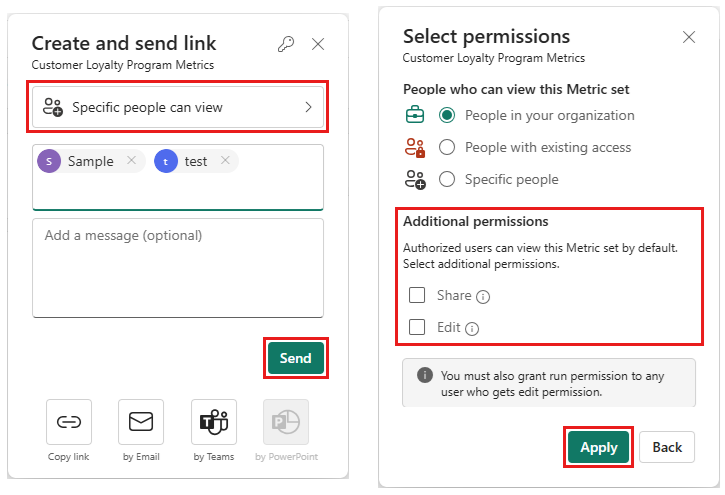 Screenshot showing the create and send link window beside the select permissions window.